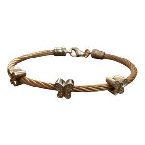 Rose Stainless Steel Cable Wire Bracelet with Sterling Silver Butterfly Station